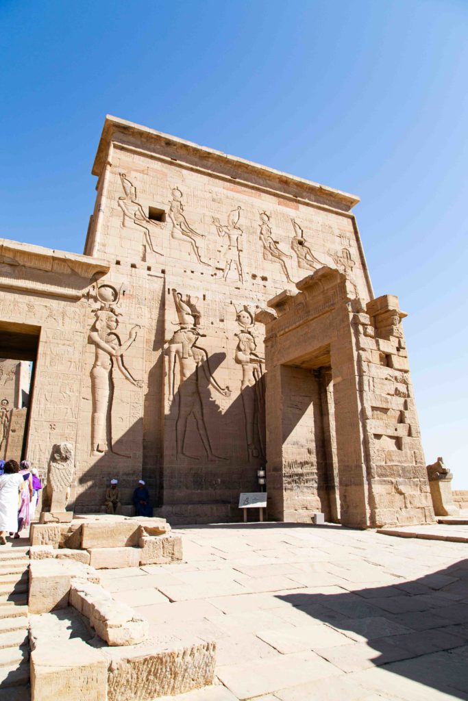 A closeup of the first pylon of the Philae temple