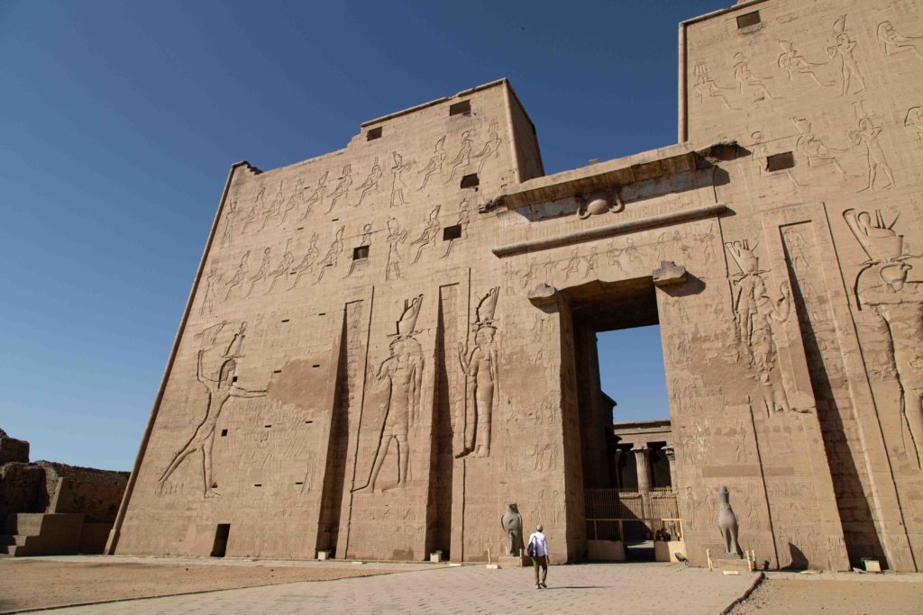 Our guide Mohamed approaching the first pylon of the temple.