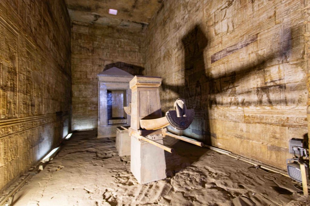 The sanctuary at the centre of the temple with a replica of the wooden barque (boat) in which Horus’ statue would be taken out of the temple during processions.