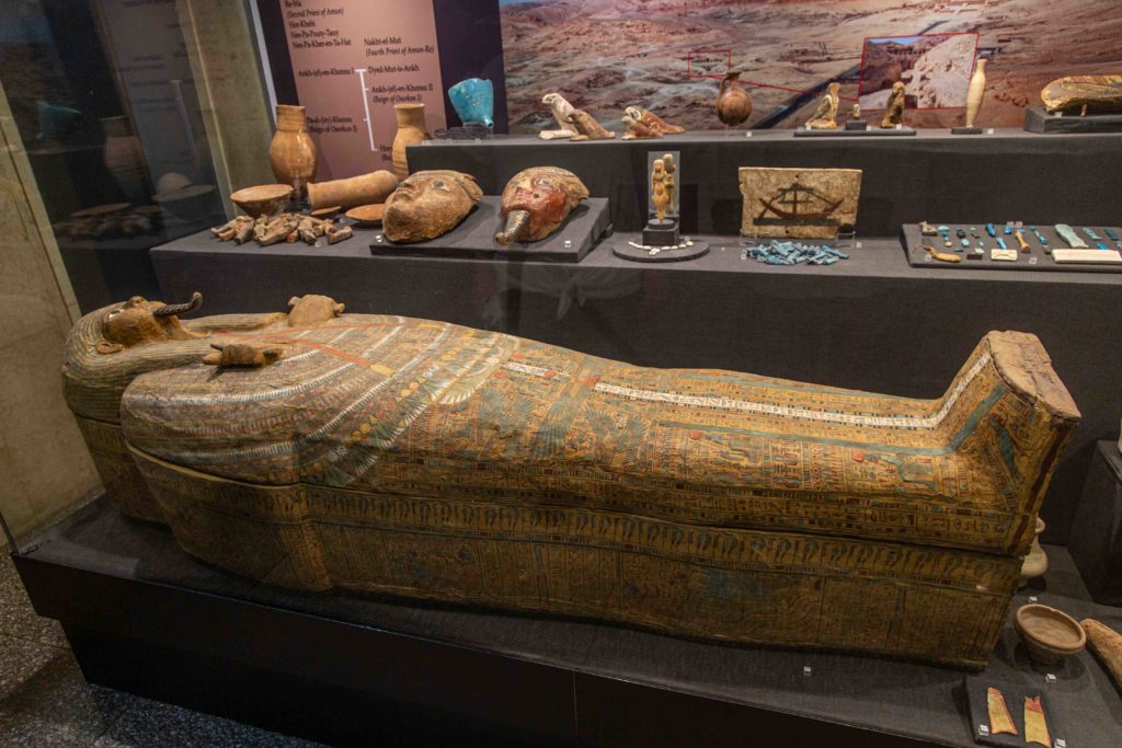 Egyptian Mummy Coffin and other related burial items.