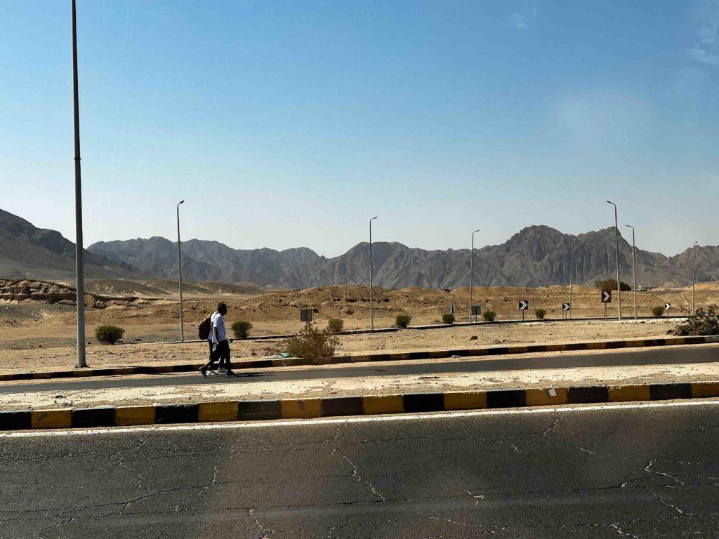 On the Red Sea coast with a view of what we came through.